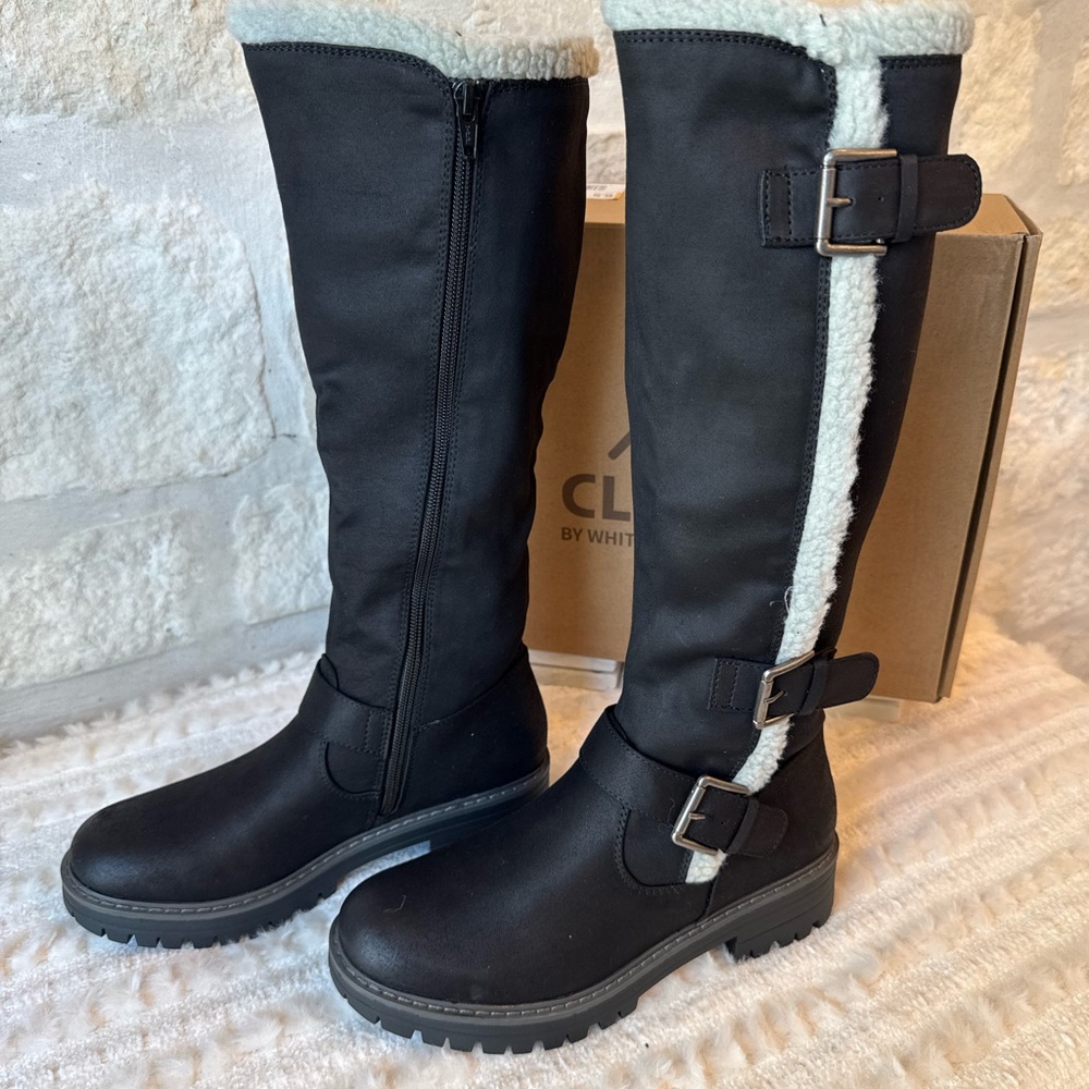 Cliffs by WHITE MOUNTAIN Black Tall Winter Boots with Cream Shearling Trim